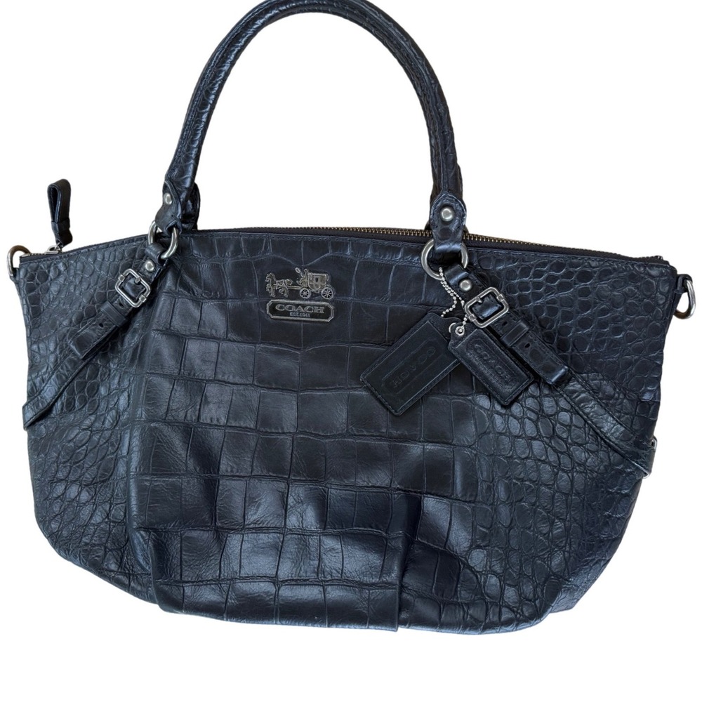 COACH Madison Sophia Satchel, Black Croc-Embossed Leather, Silver Hardware